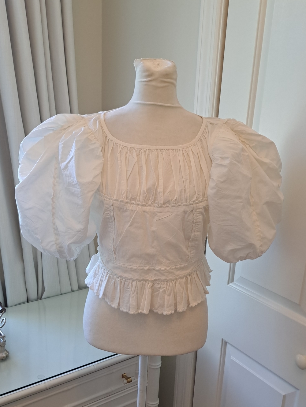 NWT Loeffler Randall Womens Anna Scalloed Puff Sleeve Bustier Ivory Blouse S